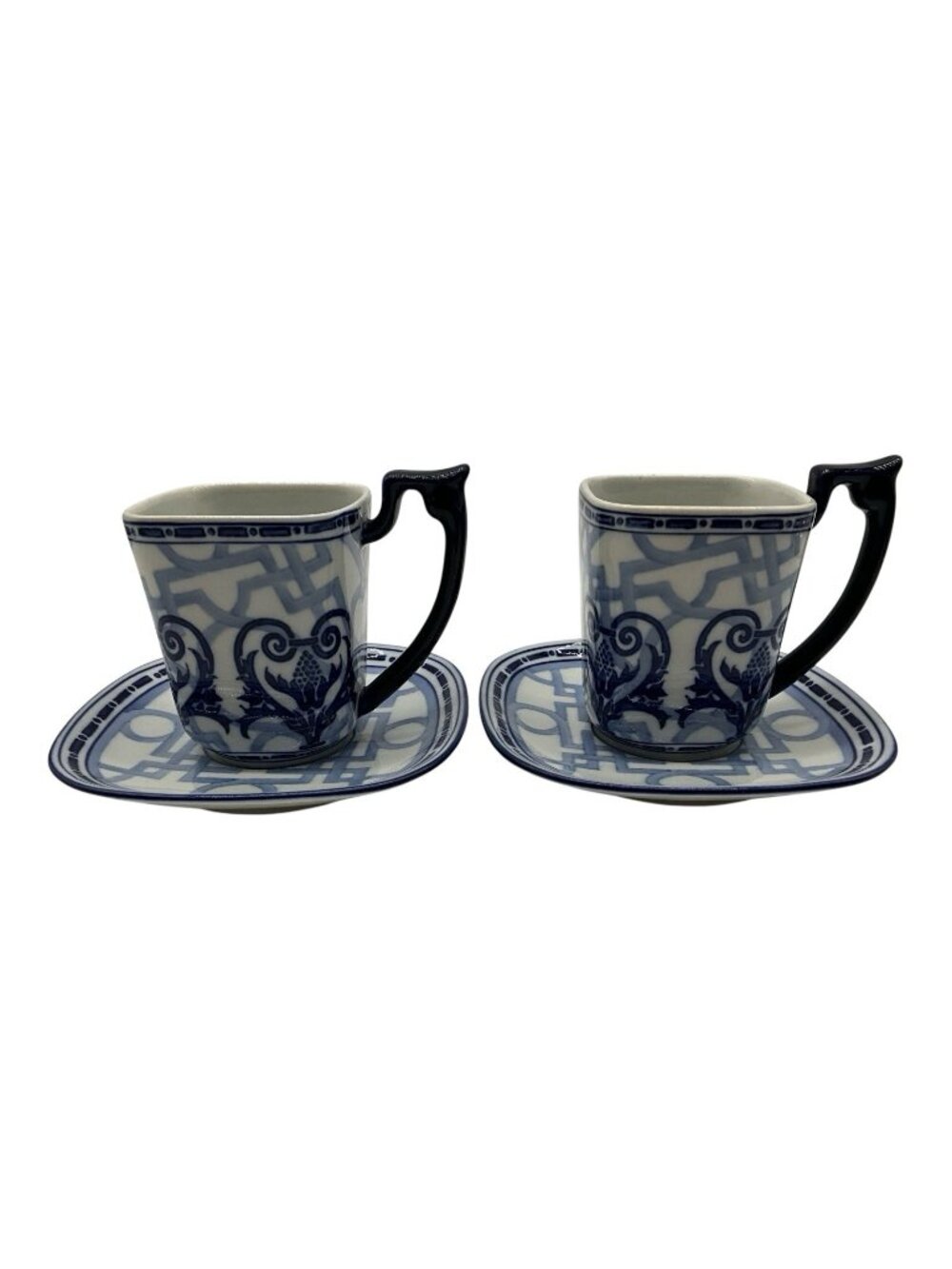 Bombay Windsor Set of 2 Vintage Chinoiserie Square Shape Mug and Saucers